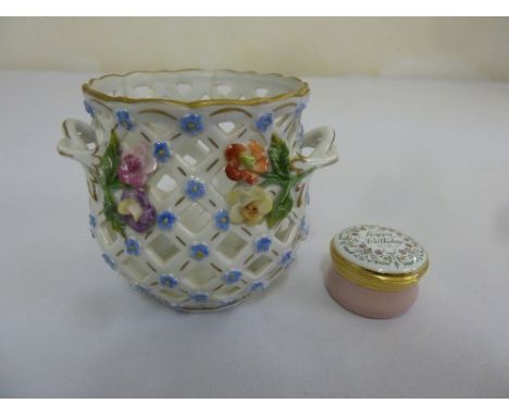 A Dresden bocage two handled pot and Crummlies enamel pill box