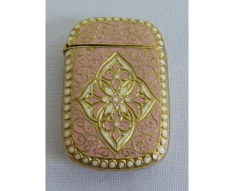 David Andersen Norwegian silver gilt, pink and white enamel vesta case with hinged cover