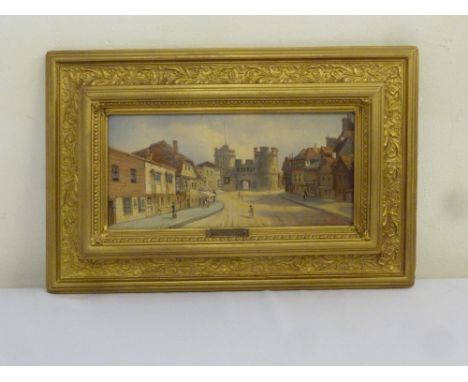 A Bossi framed oil on panel of a Continental street scene, 14 x 30cm