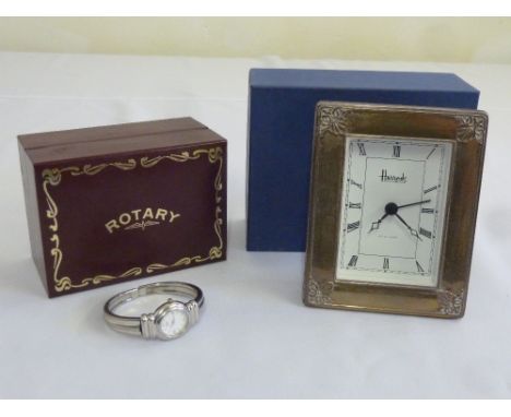 Harrods silver mounted desk clock in original packaging and a Rotary ladies wristwatch