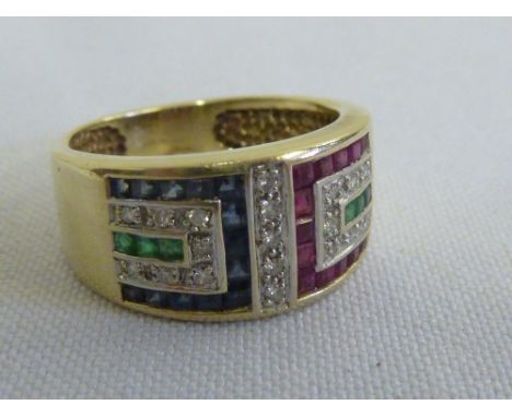 9ct yellow gold, ruby, emerald and sapphire ring, approx 4.5g