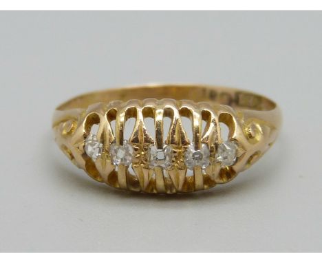 An 18ct gold five stone diamond ring, 2.3g, P 