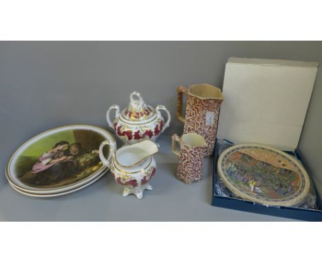 Three Fenton China Company pictorial plates, two Royal Worcester collector's plates, two chintz jugs and a sugar basin and cr