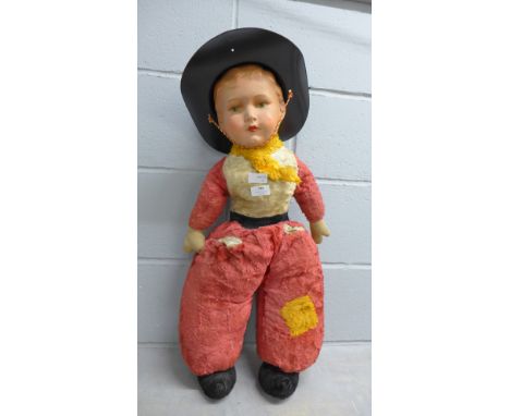 A vintage 1930's/40's paper mache and plush straw filled 'Cowboy Joe' doll - 30"/76cm 