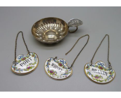 Three ceramic Coalport spirit labels and a wine tasting cup 