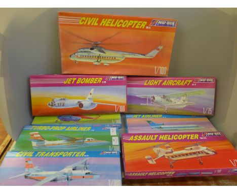 Eight model aircraft kits, Nu-Bee Civil Helicopter, Assault Helicopter, Light Aircraft, Airliner, etc. 
