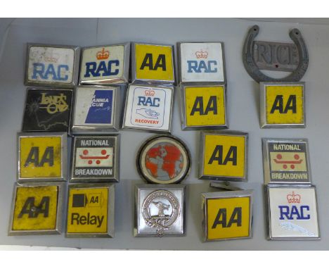 An assortment of car badges, mostly AA &amp; RAC 