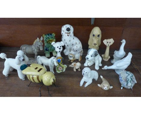 A collection of animal figures; Sylvac dog, two Nao ducks, USSR dog, Szeiler seal, etc. 