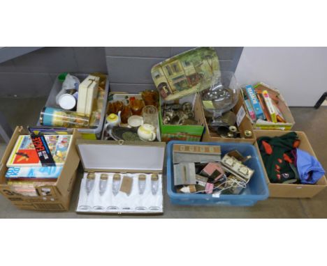 Seven boxes of assorted items including vintage puzzles, games, glassware, china, a collection of dolls, metal ware, etc. - a