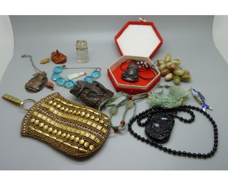 A collection of vintage oriental jewellery including a Japanese Pagoda blue glass bracelet, rock crystal seal, diamante set p