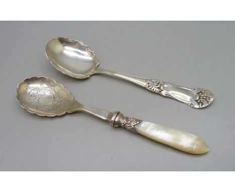 Two silver spoons, one with mother of pearl handle (Sheffield 1902, Thomas Leveley) and one other (Birmingham 1903, Les Levi 