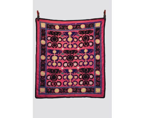 Three small Uzbek suzanis, Uzbekistan, mid-20th century, embroidered ion traditional manner with roundels of flowers and foli