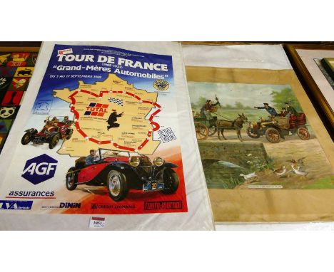 Four motoring posters, one advertising the Tour de France, the other for a Race Meeting at Brands Hatch, and one other - a Gu