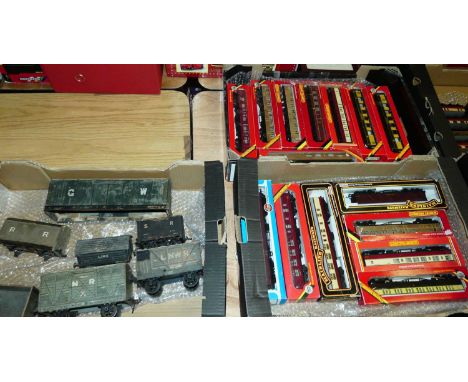 Three boxes including boxed Hornby 00 wagons, wood model goods train wagons etc