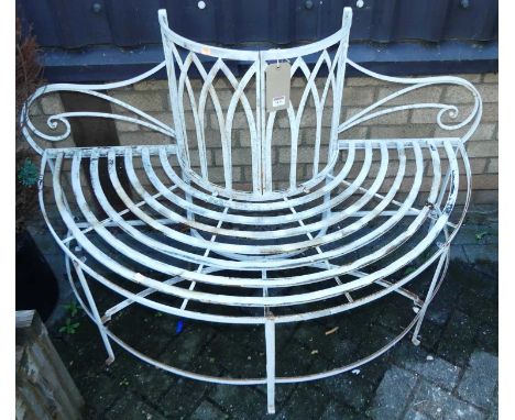A galvanised strapwork metal and white painted demi-lune garden bench, width 138cm