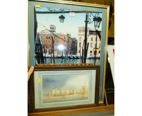 Three venetian scenes consisting a fine art print in a fenestrated gilt frame of Venice in 1730 after Antonio Canaletto (1697