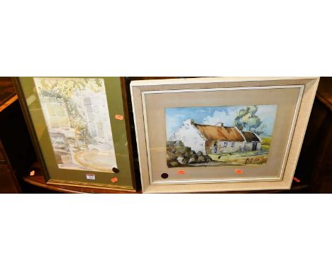 Mary Crossley - watercolour wash, MJM Turner - cottages, watercolour, J Carson - print, and one other modern amateur watercol