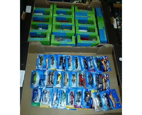 Two boxes of boxed diecast scale models to include various Hotwheels and Eligor Hobbycars