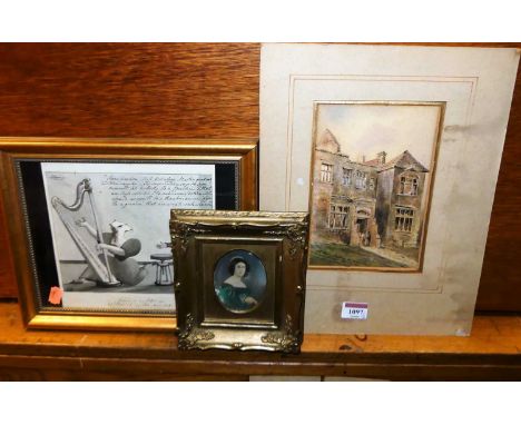 A Victorian satirical watercolour sketch, Victorian topographical watercolour, pair of colour mezzotints of wild flowers, and