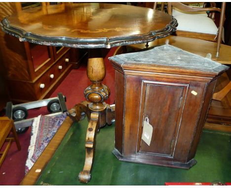 A Victorian figured walnut and floral satin wood inlaid circular piecrust topped fixed pedestal tripod occasional table, dia.