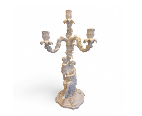 A Sitzendorf porcelain undecorated white glazed 4 sconce Candelabra C1900, With printed marks in blue. Decorated on the body 
