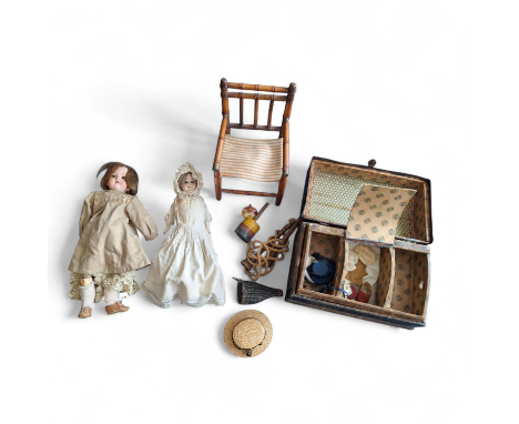 A German kid body Armand Marseille 390 jointed doll C1885 and a similar German doll C 1905. Together with a charming dolls tr