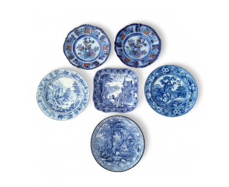 A small collection of blue and white transfer printed plates  2 pearlware blue and white plates, Piping shepherd, Staffordshi