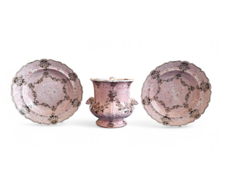 William Ridgway & Son C1830 all pieces are unmarked  Transfer decorated with flowers and leaves in pink 2 x soup plates and a