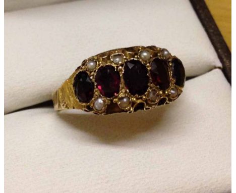 Antique Victorian 15ct gold garnet & seed pearl dress ring. Chester hallmark 1880, set with 5 oval cut garnets approx 0.33ct 