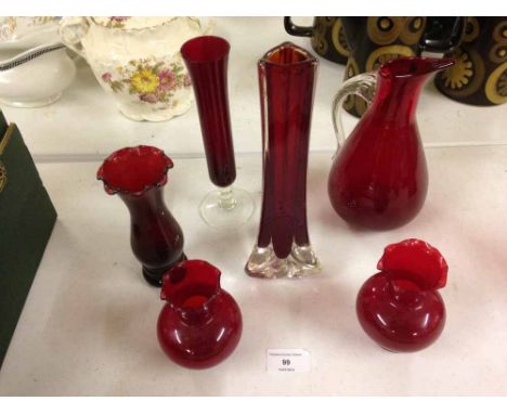 A collection of Ruby glassware to include Murano jug and vase