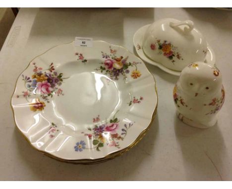 Derby Posies Royal Crown Derby owl money box, butter dish and 3 dinner plates.