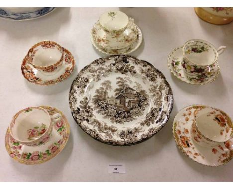 5 china cups & saucers and 2 antique transfer printed plates.