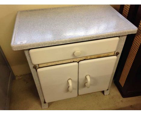 A vintage French kitchen cupboard - metal with enamel doors & top. 60 x 63 x 40cm.