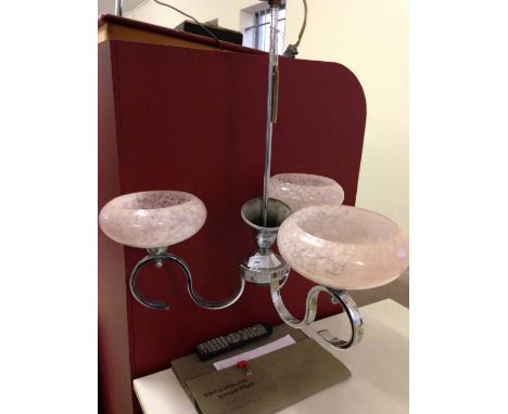 An art deco 3 arm ceiling light with pink mottled glass shades.