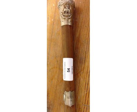 A circa WW1 military swagger stick for The Connaught Rangers with regimental crest to top and shield engraved 'MHC' on bamboo