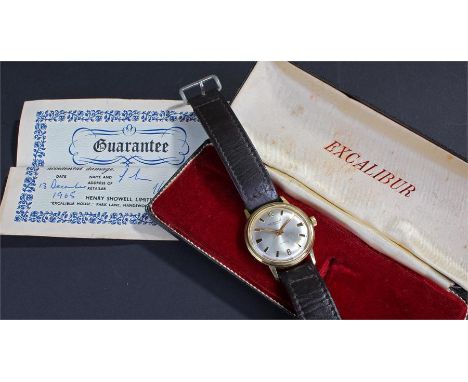 Excalibur gold plated gentleman's wristwatch, silvered dial with baton hours, manual wind, case 32mm diameter
