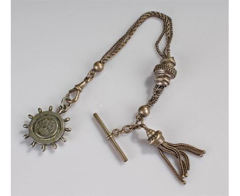 White metal pocket watch chain, with T bar and clasp, compass attached
