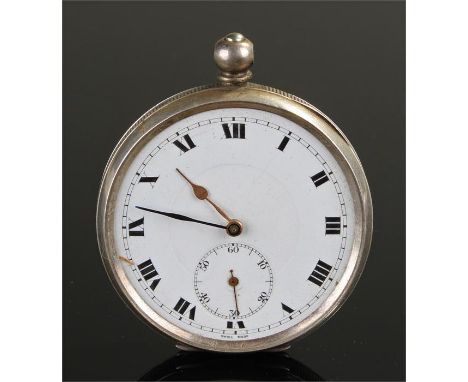 Silver open face pocket watch, white enamel dial, Roman hours, subsidiary seconds dial, case marked with import marks, case 5