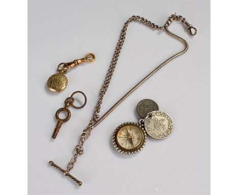 Pocket watch chain, together with a compass, a watch chain clip, and a key, (4)