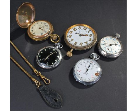Tissot stop watch, together with a hunter watch, two open face examples, a chain and a larger watch, (6)