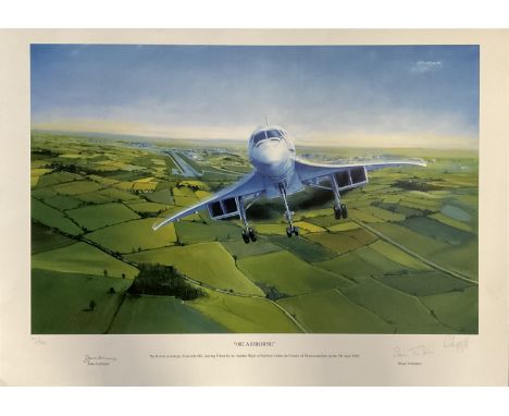 RAF Colour Print Titled 002 Airborne Signed by John Cochrane, Brian Trubshaw and the Artist Roy Lazell. 111 of 750. Print Mea