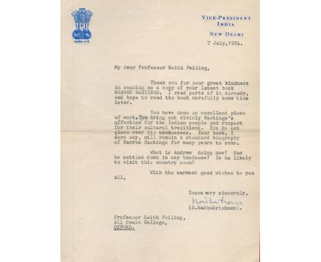 Sarvepalli Radhakrishnan 2nd President of India TLS Dated 7th July 1954. Sarvepalli Radhakrishnan was an Indian philosopher a