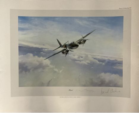 WW2 Arthur T Harris and Grp Cptn Leonard Cheshire Signed Robert Taylor Colour Print Titled Mosquito. Signed in pencil by the 