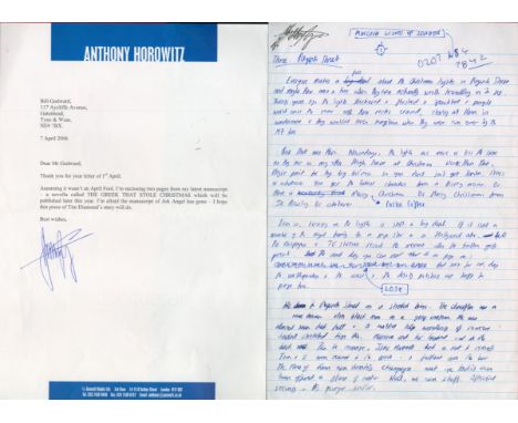 Author Anthony Horowitz Signed TLS Dated 7 Apr 2006 and Signed Manuscript from The Greek That Stole Christmas. Good condition