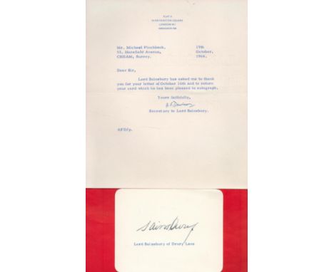 Lord Sainsbury of Drury Lane Signed 4. 5 x 3. 5 inch White Autograph Card. This Lot Comes With TLS From Lord Sainsbury's Secr