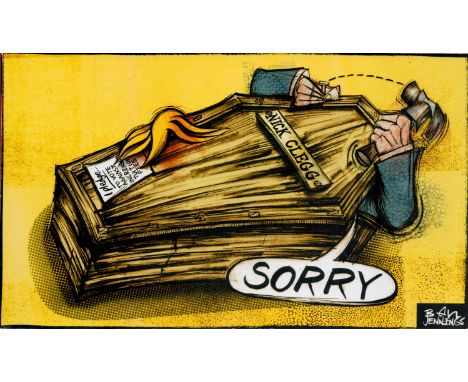 The Guardian award-winning cartoonist/illustrator Ben Jennings Signed on his Printed Artwork Backed onto Card. Signed on Reve