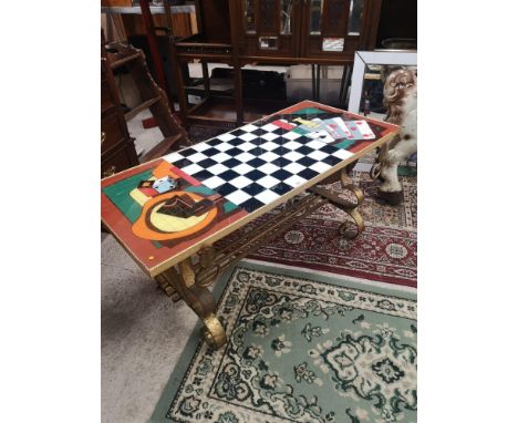 Retro style chess table with cast iron base. 