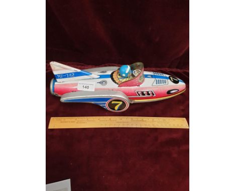 Vintage Tin Plate Clockwork Space Ship With Pilot 