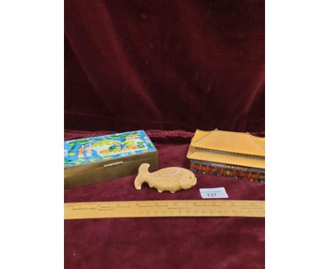Oriental Enamel Top Box With Signed Fruit Wood Netsuke and Musical Pagoda Jewel Box. 