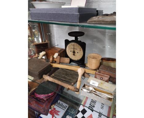 Shelf of kitchenalia collectables and other artifacts . 